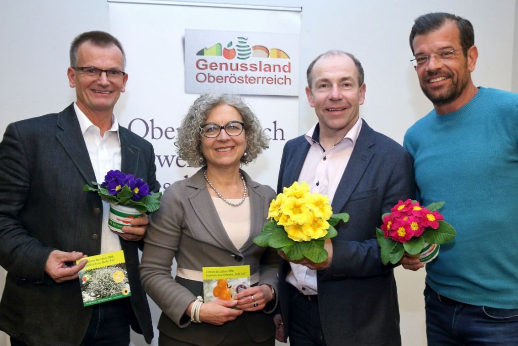 v.l.: Landesgärtner ÖR Dietmar Bergmoser, HR Mag.a Maria-Theresia Wirtl, Landesrat Max Hiegelsberger und Biogärtner Karl Ploberger (Quelle: Land OÖ/Kauder)