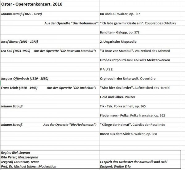 Programm österliches Operettenkonzert Bad Ischl 2016 - Ostersonntag