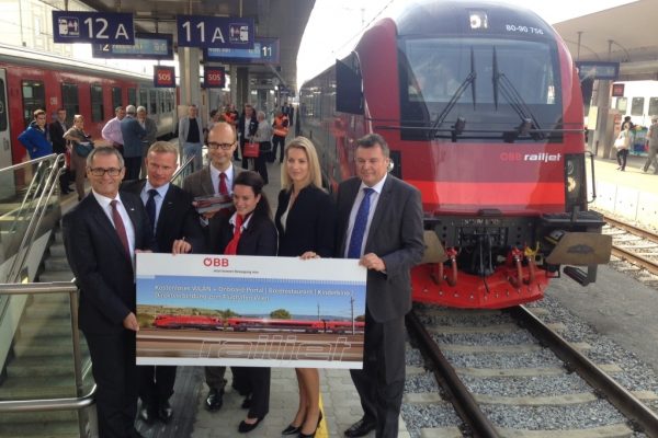 Übergabe Railjet: v.l.: ÖBB Regional Manager OÖ – Dr. Paul Sonnleitner¸ Leiter des ÖBB Fernverkehrs – Mag. Kurt Bauer MSc, Vizebürgermeister der Stadt Linz – Mag. Detlef Wimmer, Vorstandsdirektorin des ÖBB Personenverkehr – Dr.in Valerie Hackl und Infrastruktur-Landesrat Mag. Günther Steinkellner beim Zwischenstop am Bahnhof Linz