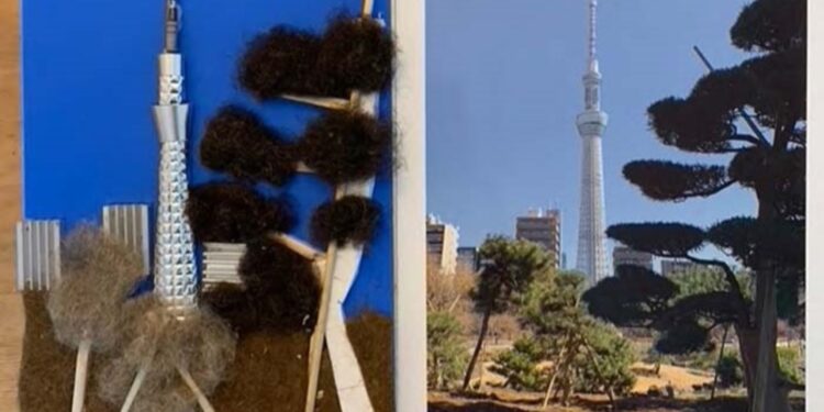 Rechts ein Foto eines Fernsehturms mit Baum im Vordergrund, links das dazu erstellte taktile Relief aus verschiedenen Materialien wie Blech und Filz.