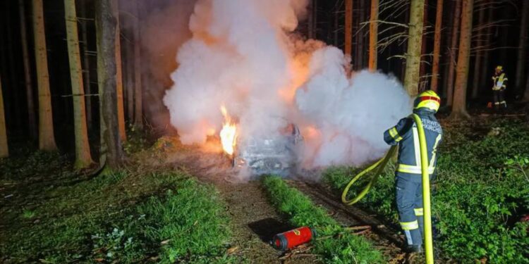 Fluchtauto nach Bankomatsprengung in Waldstück bei Aichkirchen abgefackelt