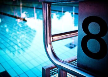 swimming pool, pool, nature, outdoor pool, summer, swimming system, starting block, number, eight, reflection, jump off