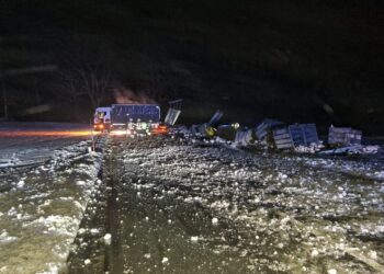 Tiertransport-Anhänger bei rutschiger Straßenstelle umgekippt