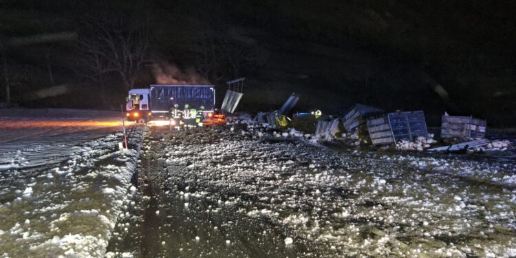 Tiertransport-Anhänger bei rutschiger Straßenstelle umgekippt