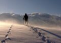 human, snow, trekking poles, mountains, snow mountains, hoarfrost, winter, wintry, winterscape, nature, snowscape, snowy, mountain climbing, mountain climber, mountaineer, mountaineering, snowshoeing, snowshoes, cold, landscape, hiking, footprints