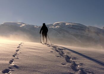 human, snow, trekking poles, mountains, snow mountains, hoarfrost, winter, wintry, winterscape, nature, snowscape, snowy, mountain climbing, mountain climber, mountaineer, mountaineering, snowshoeing, snowshoes, cold, landscape, hiking, footprints